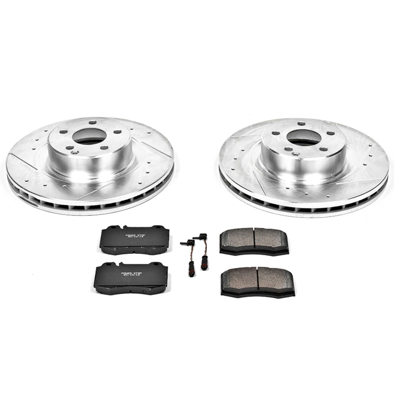 Power Stop K5235 Z23 Carbon Fiber Brake Pads & Drilled Slotted Rotors Kit with Front Sensor Wires - Compatible with Mercedes-Benz CL500 S430 S500 | High-Performance Braking for City Driving & Highway Safety