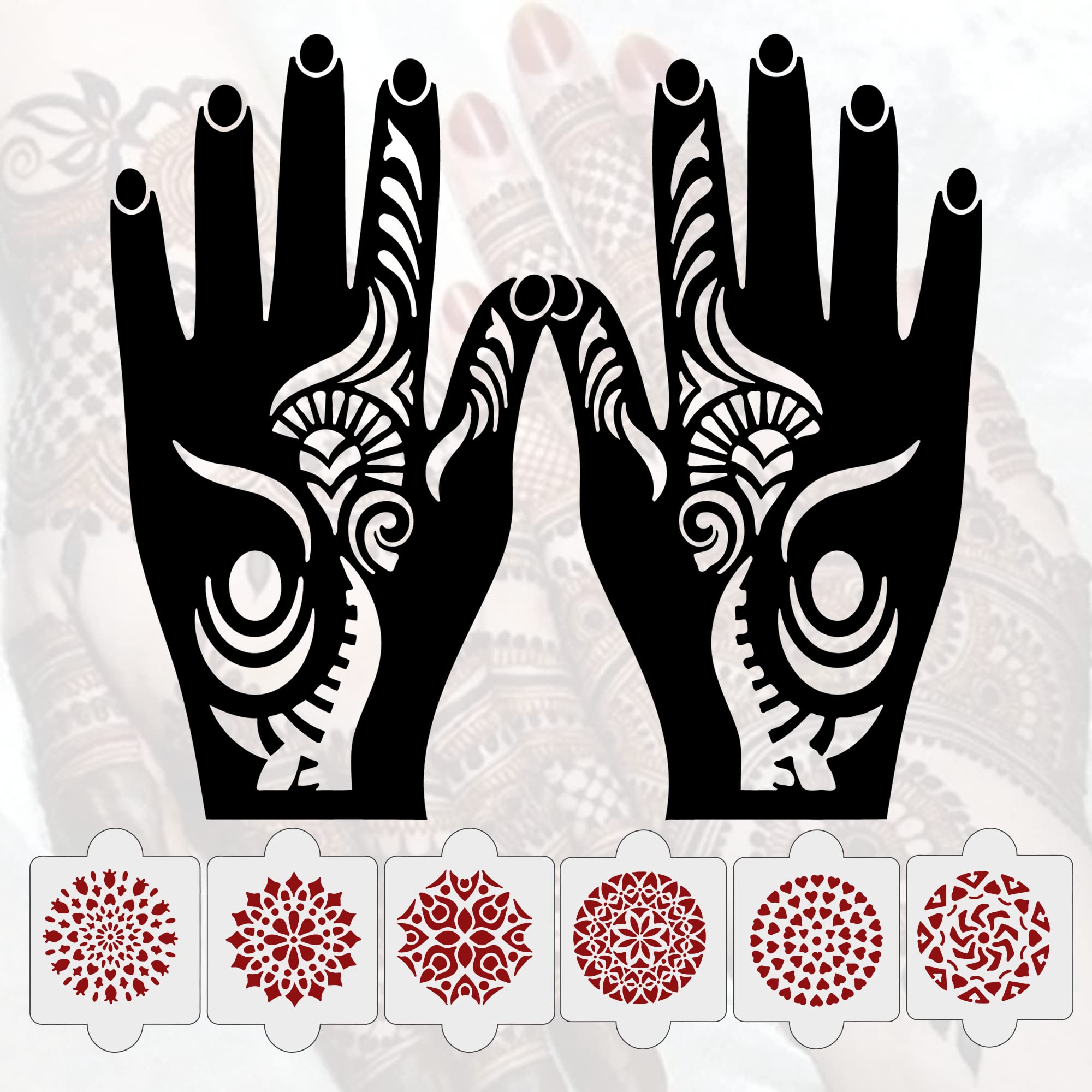 8 Pcs Henna Tattoo Stencil Kit - 2 Henna Stencil Tattoos & 6 Reusable PVC Laser Cut Stencils for Women, Girls & Kids | Easy to Apply Mehndi Designs for Full Hand | Perfect for Weddings, Festivals & DIY Body Art (IVNH-1049)
