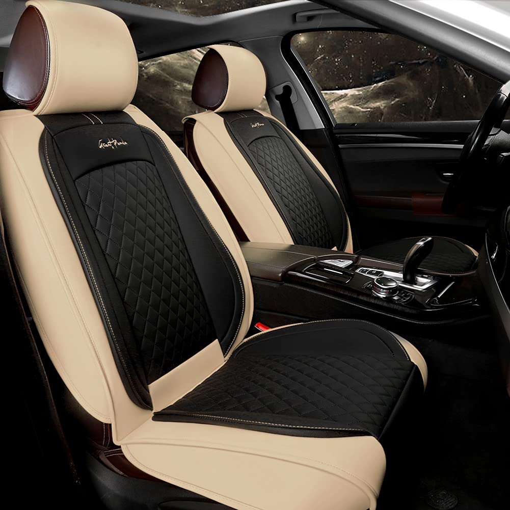 Premium Genuine Leather Car Seat Covers for Cars, SUVs, Minivans & Trucks - Beige/Black (1 Pair) | Universal Fit, Comfort & Protection for Daily Commute, Road Trips & Family Travel