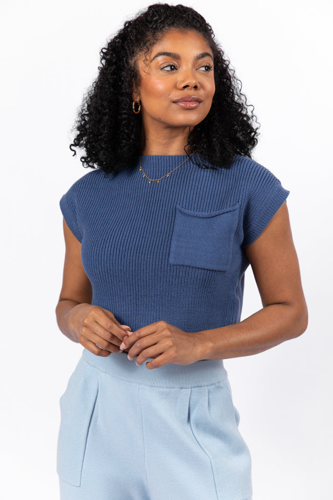 Navy Blue Short Sleeve Pocket Sweater for Women | Casual Comfort Pullover | Perfect for Office Wear & Weekend Outfits