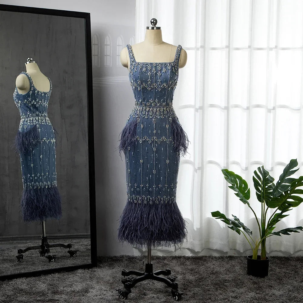 Elegant Blue Lace Midi Evening Gown with Crystal Embellishments and Feather Trim - Perfect for Prom, Gala, and Formal Events