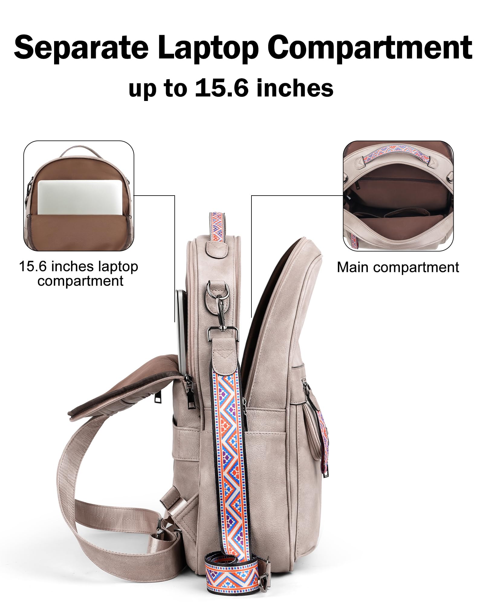 FADEON 15.6 Inch Women's Leather Laptop Backpack - Stylish PU Travel Backpack with Dedicated Laptop Compartment for Work & Business - Perfect for Office, College & Commuting (Grey)