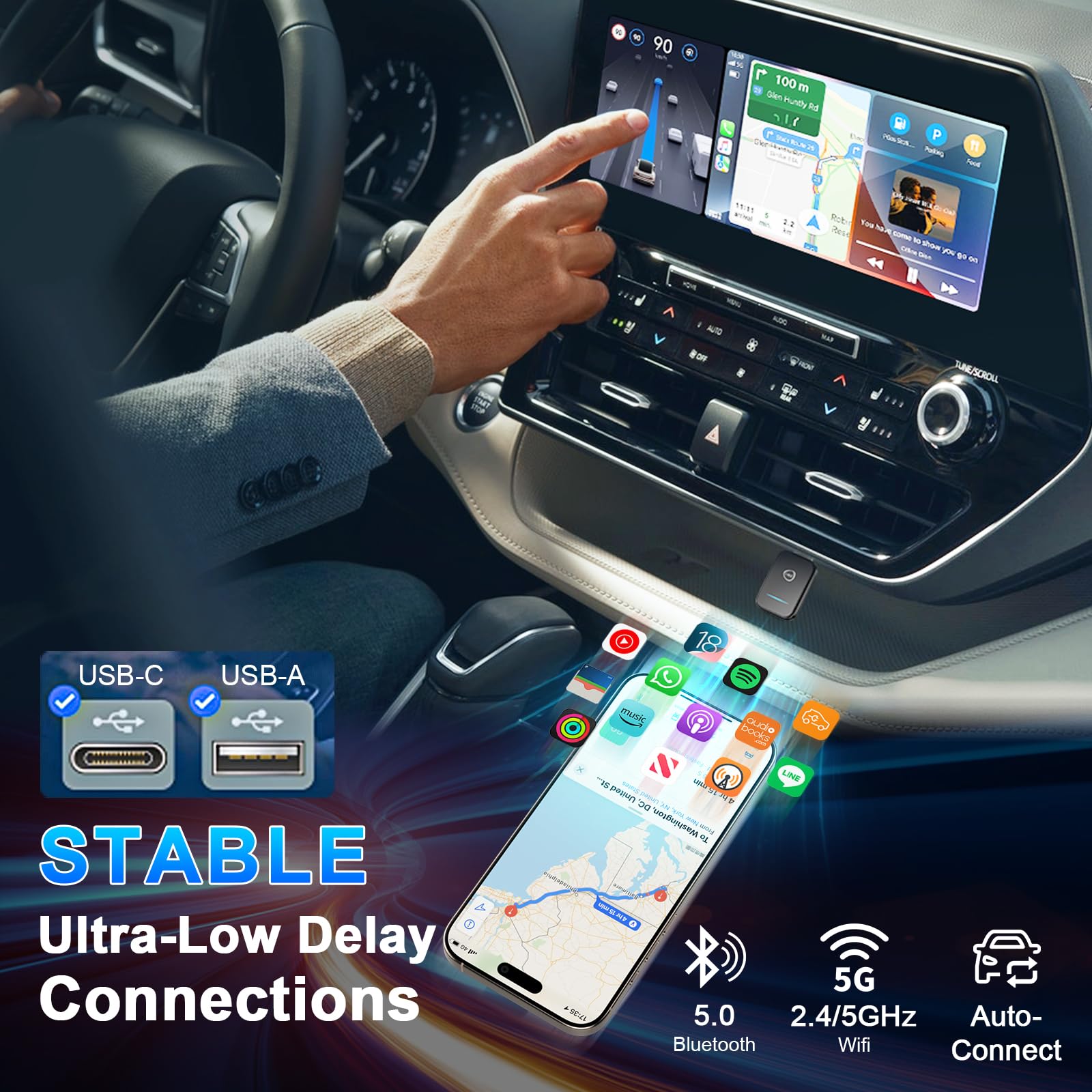2 in 1 Wireless CarPlay & Android Auto Adapter - 2025 Mini Upgrade Plug & Play for iPhone & Android - Convert Wired to Wireless CarPlay - Auto Connect for Cars 2016+ - Perfect for Commuting & Road Trips