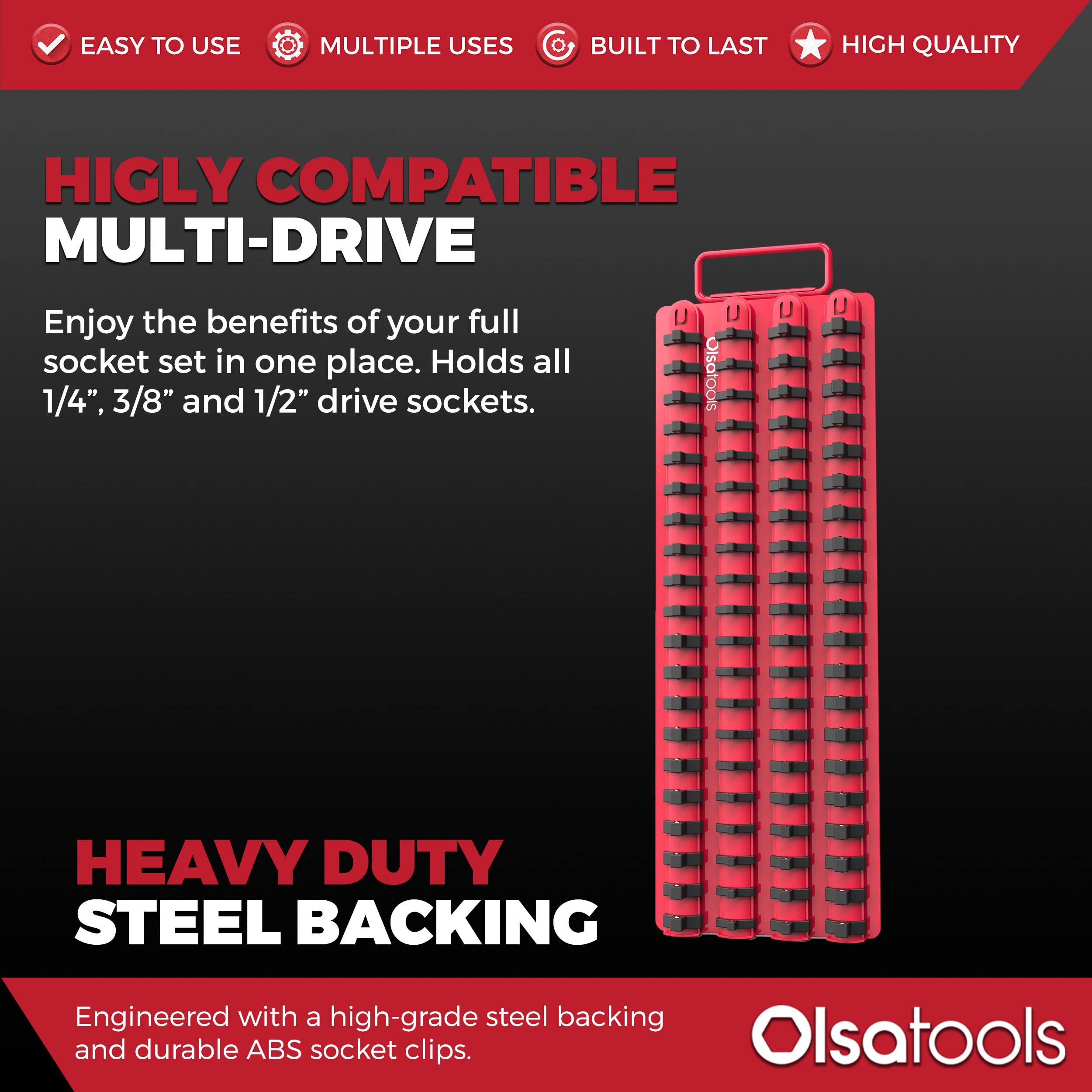 Olsa Tools Portable Socket Organizer Tray with Red Rails & Black Clips - Heavy Duty Socket Holder for 80 Sockets | Premium Quality Tool Storage Solution | Perfect for Mechanics, DIY Enthusiasts & Garage Organization