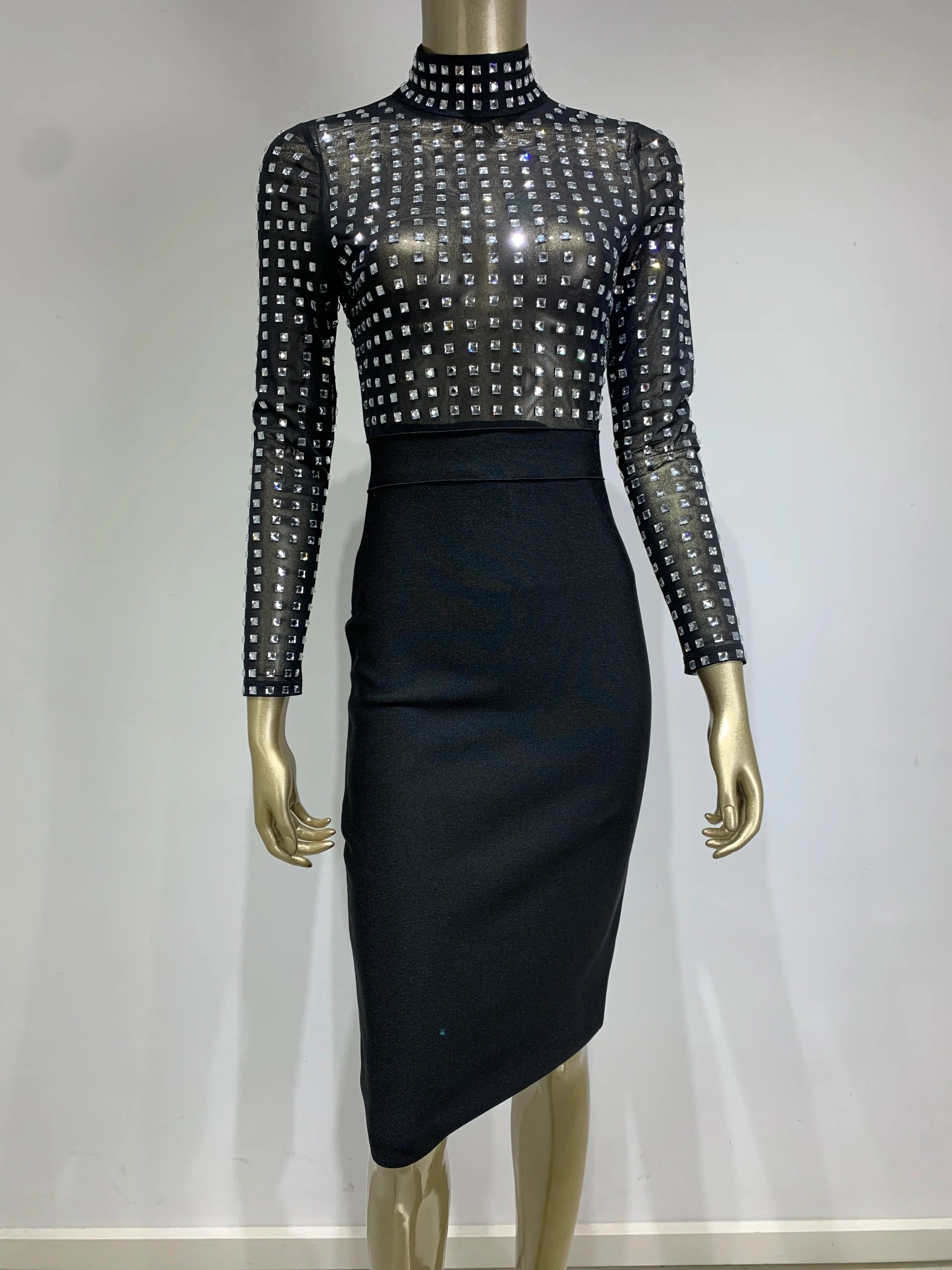Sexy Black Rhinestone Turtleneck Bandage Dress for Women - Elegant Midi Bodycon Club Party Dress - Perfect for Evening Events, Night Out & Celebrity Inspired Outfits