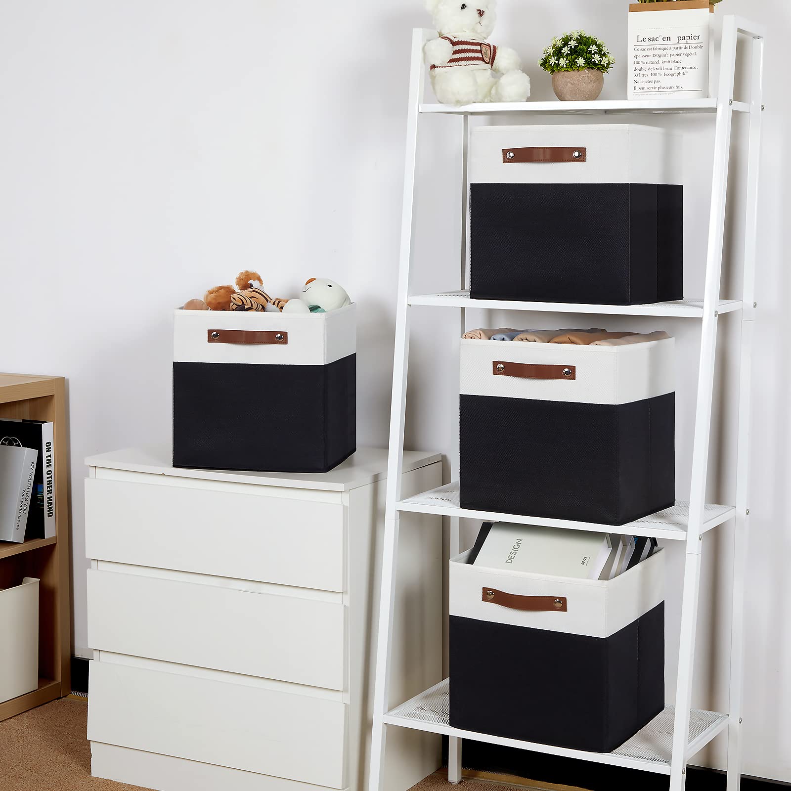 Temary 4-Pack Foldable Storage Cubes with Handles - Decorative Fabric Organizer Bins for Closet, Bedroom, Office, Nursery (White & Black) | Space-Saving Home Organization Solution for Toys, Books, Clothes & More