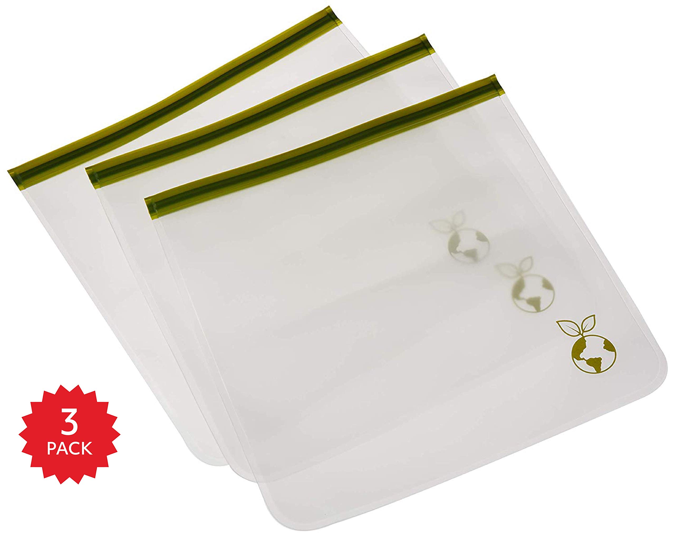 Eco-Friendly Reusable Food Storage Bags (3 Pack) - Leakproof, Freezer Safe, Thick & Resealable for Kids Snacks, Lunch Sandwiches, Fruits | Perfect for Meal Prep, Travel & On-the-Go Lifestyle