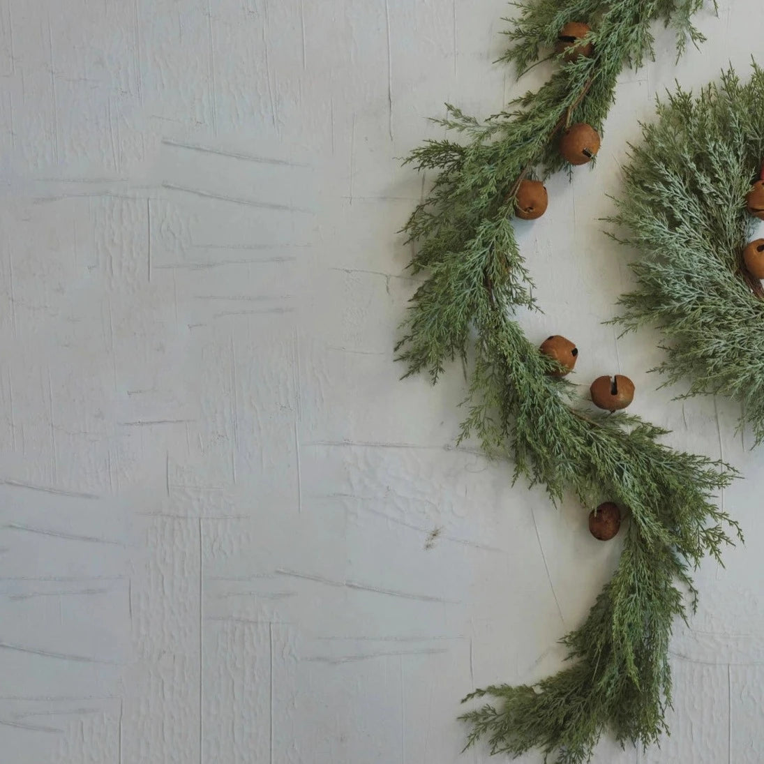 Rustic Faux Cedar Garland with Vintage Metal Bells - Christmas Holiday Home Decor for Mantel, Wreath & Table Centerpiece