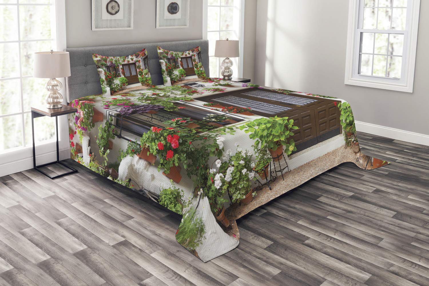 Ambesonne Country King Size 3-Piece Bedspread Set with 2 Pillow Shams - Colorful Floral House Design & European Architecture Theme Quilted Coverlet - Perfect for Farmhouse, Cottage & Vintage Bedroom Decor