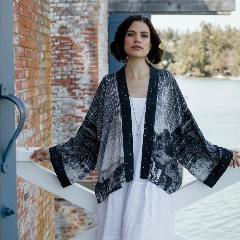 Falling Stars Stargazer Cropped Bamboo Kimono - Lightweight Summer Cover Up for Women, Boho Beachwear, Yoga Cover, Festival Outfit