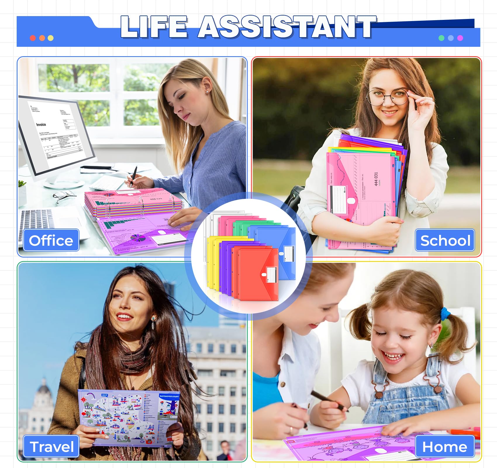 28 PCS Heavy Duty Plastic Binder Folders with Secure Closure & Label Pockets - 3 Ring Side Loading Letter Size File Organizers for School, Home & Office - Perfect for Document Storage, Paper Organization & Filing Systems