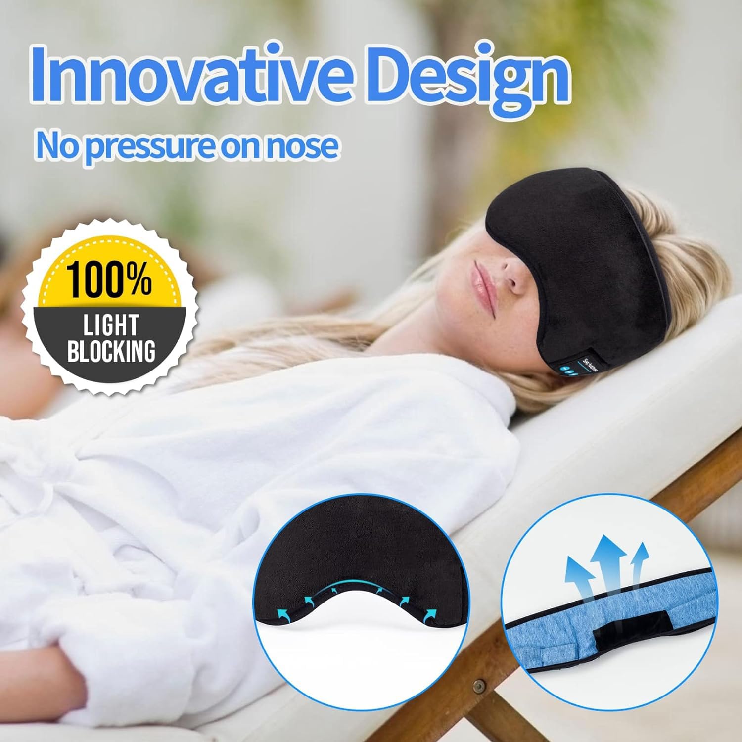 Upgraded Music Sleep Eye Mask with Built-in Speakers & Microphone - Wireless Bluetooth Travel Sleeping Headset, Washable Eye Shades for Relaxation, Meditation & Airplane Travel