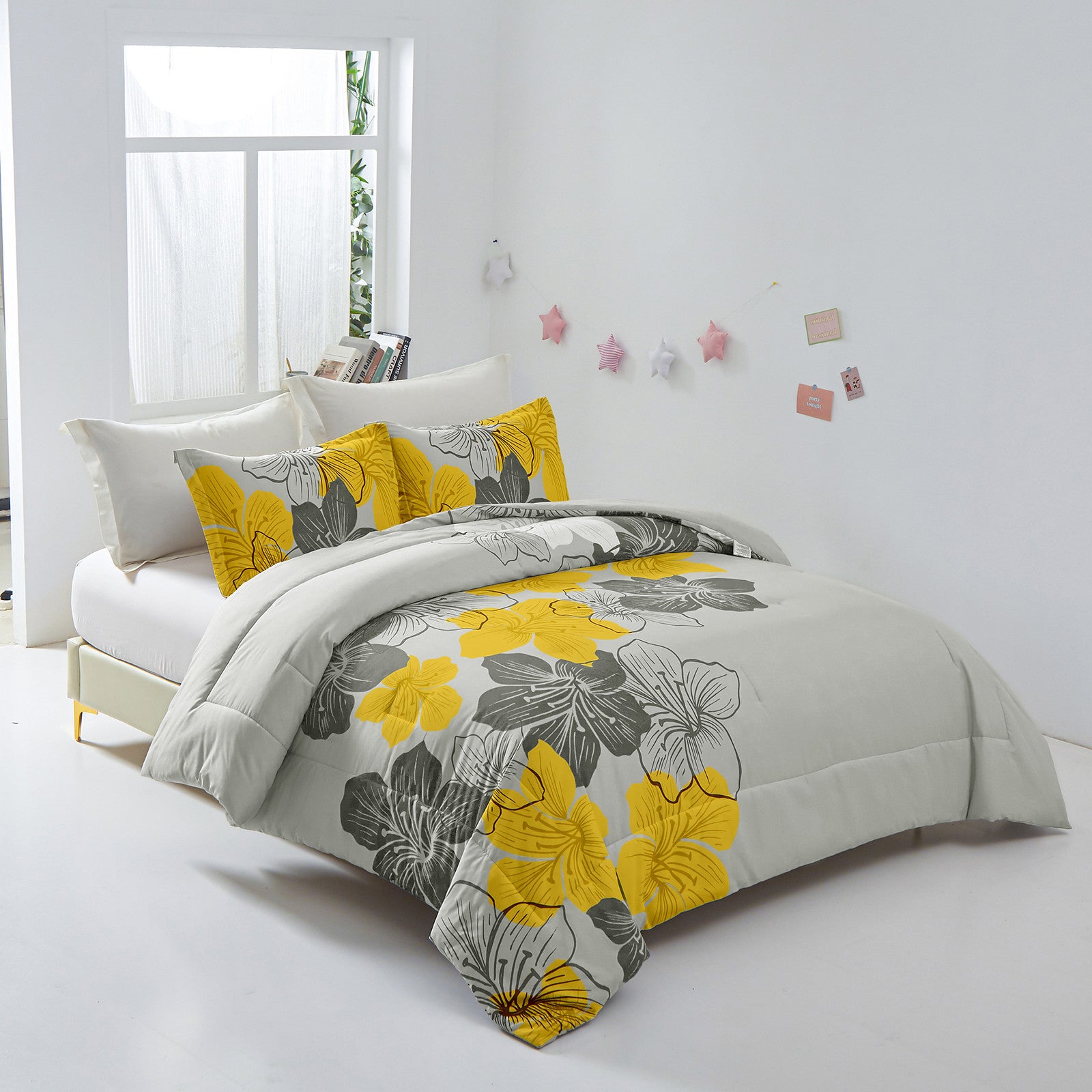 King Size Floral Comforter Set - 3 Piece Yellow Flower Bedding with Lightweight Microfiber - Perfect for Master Bedroom, Guest Room & Cozy Home Decor