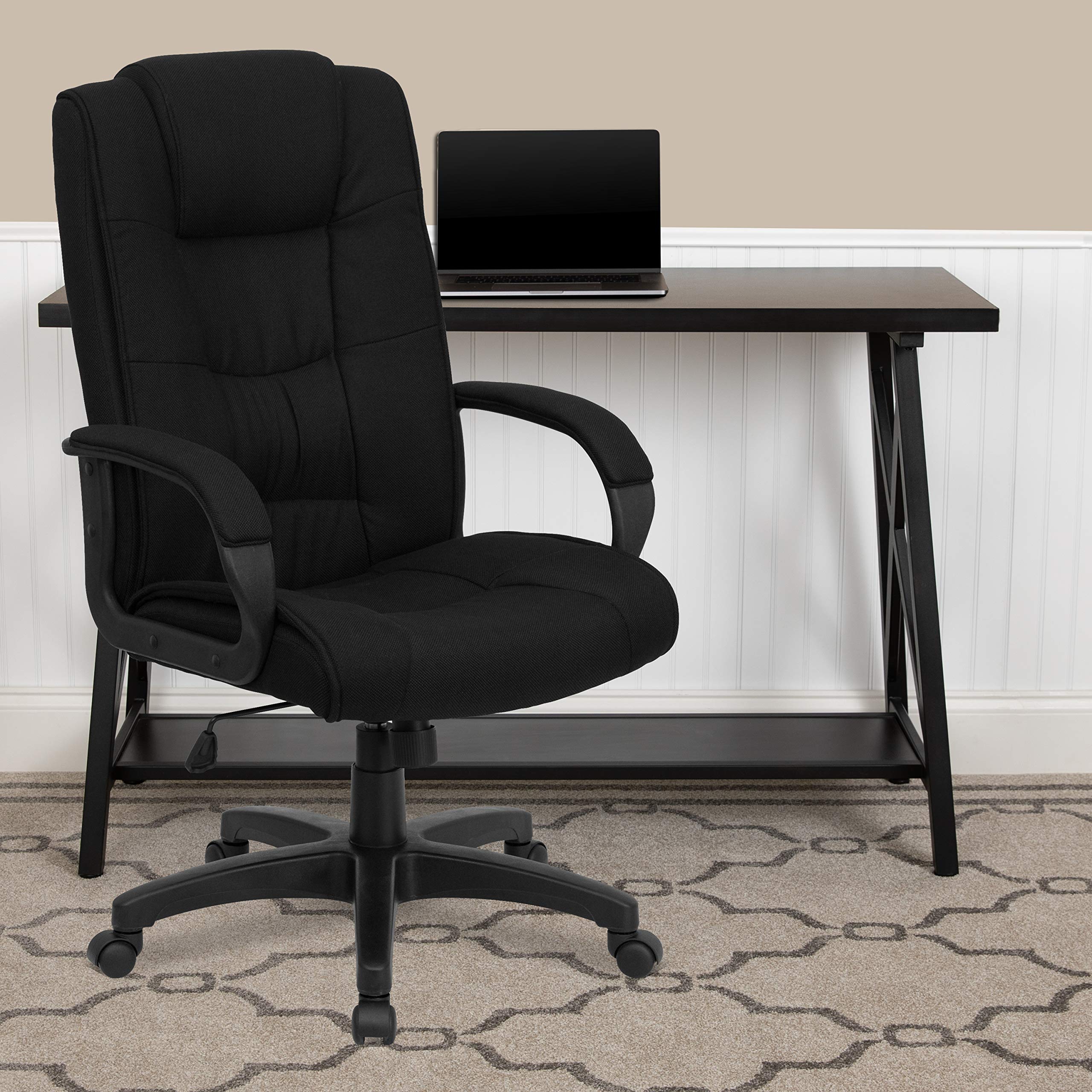 Ergonomic High Back Black Fabric Office Chair with Multi-Line Stitch & Swivel Base - Adjustable Arms for Home & Workspace Comfort