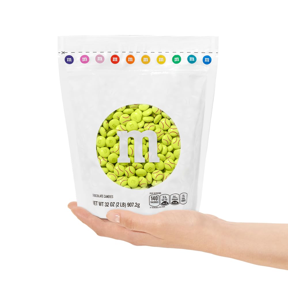 M&M'S Softball Milk Chocolate Candy - 2 lbs Bulk Chocolate Candies with Electric Green & Red Stitching Design | Perfect for Softball Parties, Game Day Snacks, Team Treats, Birthday Favors & Sports Events