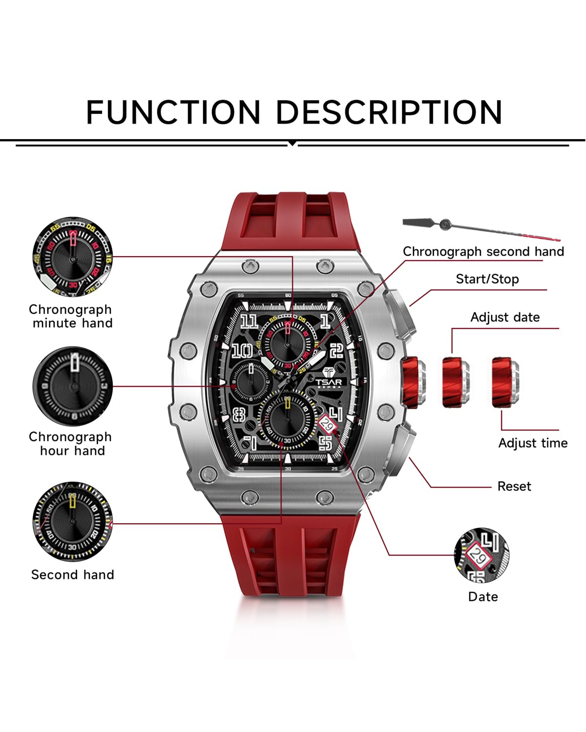 TSAR BOMBA Luxury Men's Watch - Tonneau Sapphire Crystal Japanese Quartz Chronograph - 50M Water Resistant Rubber Strap Luminous Diver Watch - Perfect Gift for Him - Ideal for Business, Diving & Formal Occasions