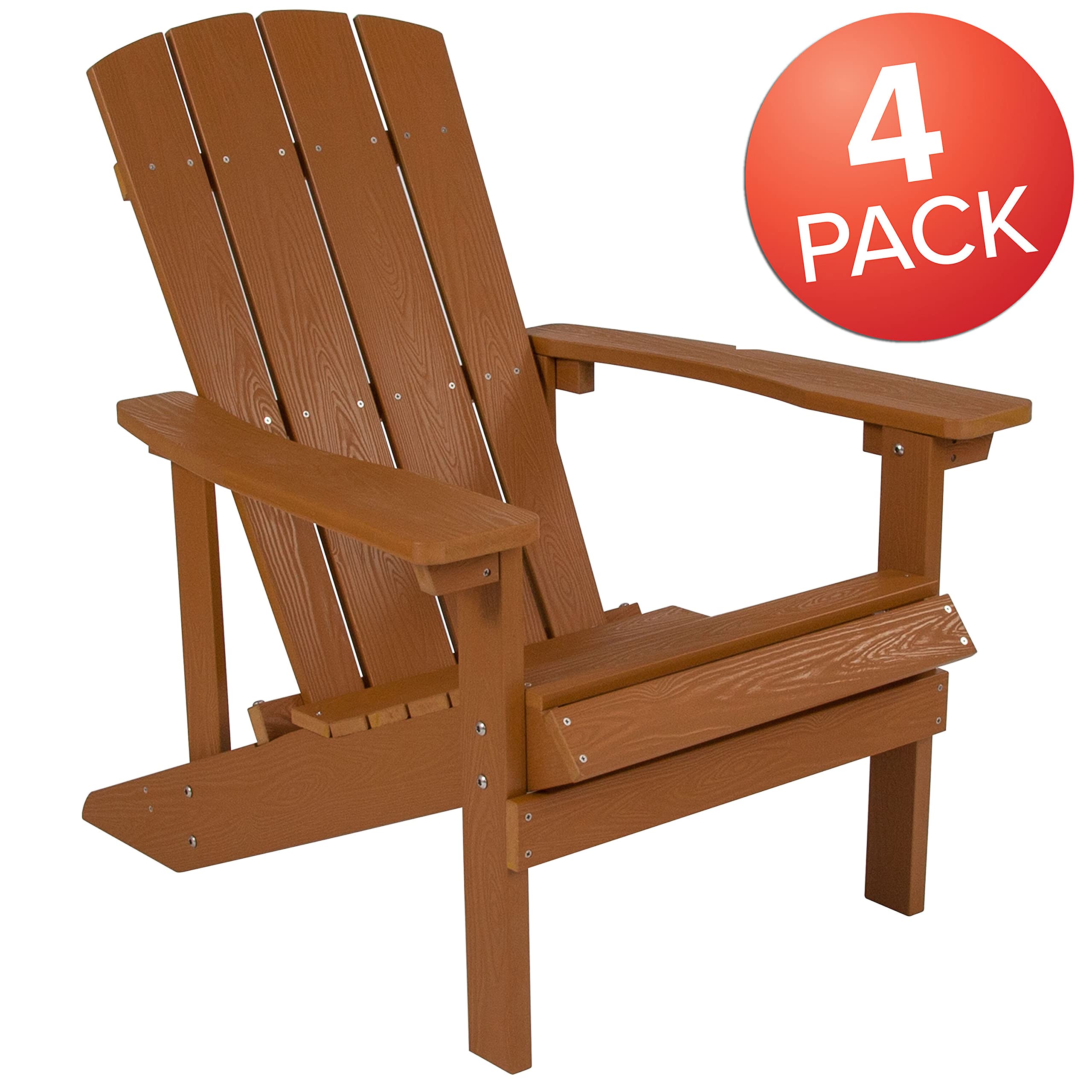 Flash Furniture Charlestown 4-Piece Teak Poly Resin Adirondack Chair Set - All-Weather Indoor & Outdoor Patio Furniture - Perfect for Backyard, Garden, Poolside, and Deck Relaxation