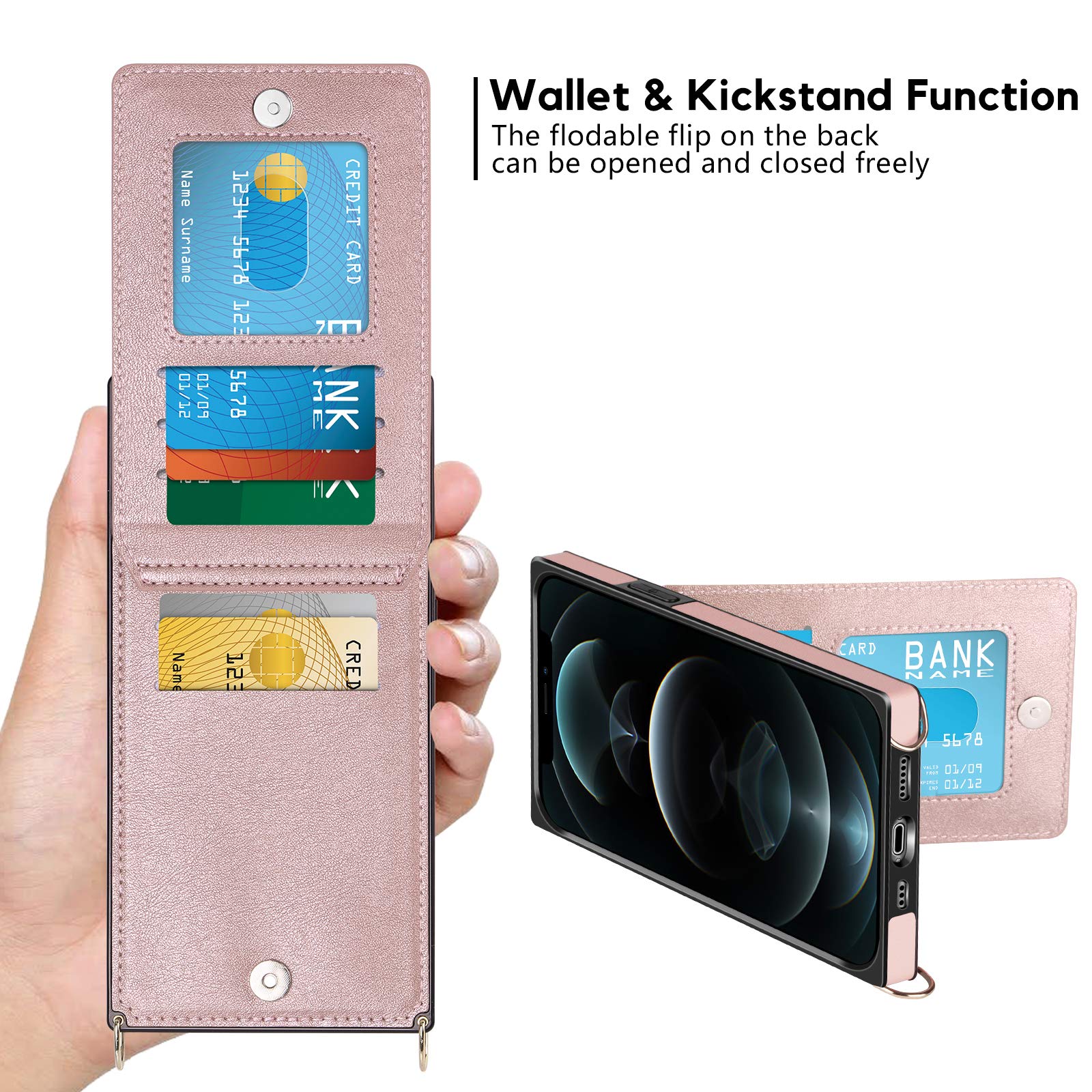 Vofolen Premium Leather Wallet Case for iPhone 12 Pro Max - Magnetic Flip Folio with Card Holder, Crossbody Lanyard & Heavy Duty Protection - Women's Rose Gold Design (Perfect for Travel, Work & Everyday Use)