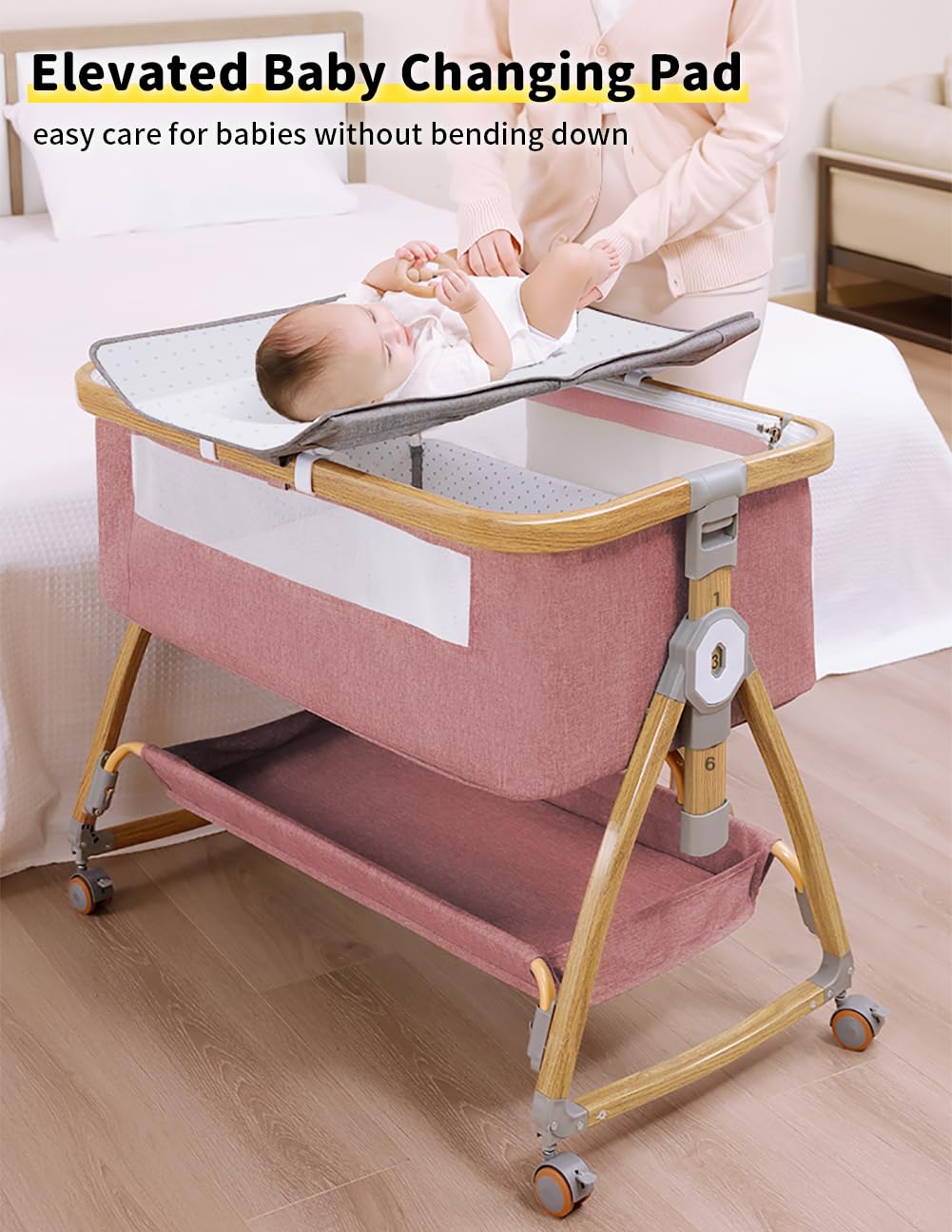 Bonbay 4-in-1 Portable Baby Bassinet Bedside Sleeper with Wheels, Mosquito Net & Storage Basket - 6 Height Adjustable Rocking Crib for Newborns | Perfect for Nursery, Bedroom Co-Sleeping & Travel