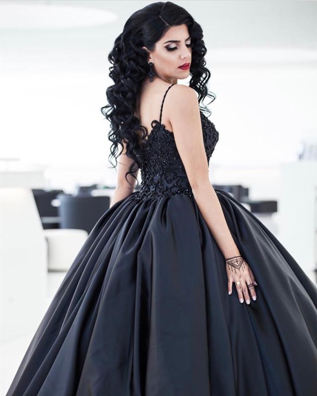 Elegant Black Lace Embroidery V-Neck Satin Ball Gown Wedding Dress for Brides - Perfect for Formal Weddings, Evening Galas & Special Occasions