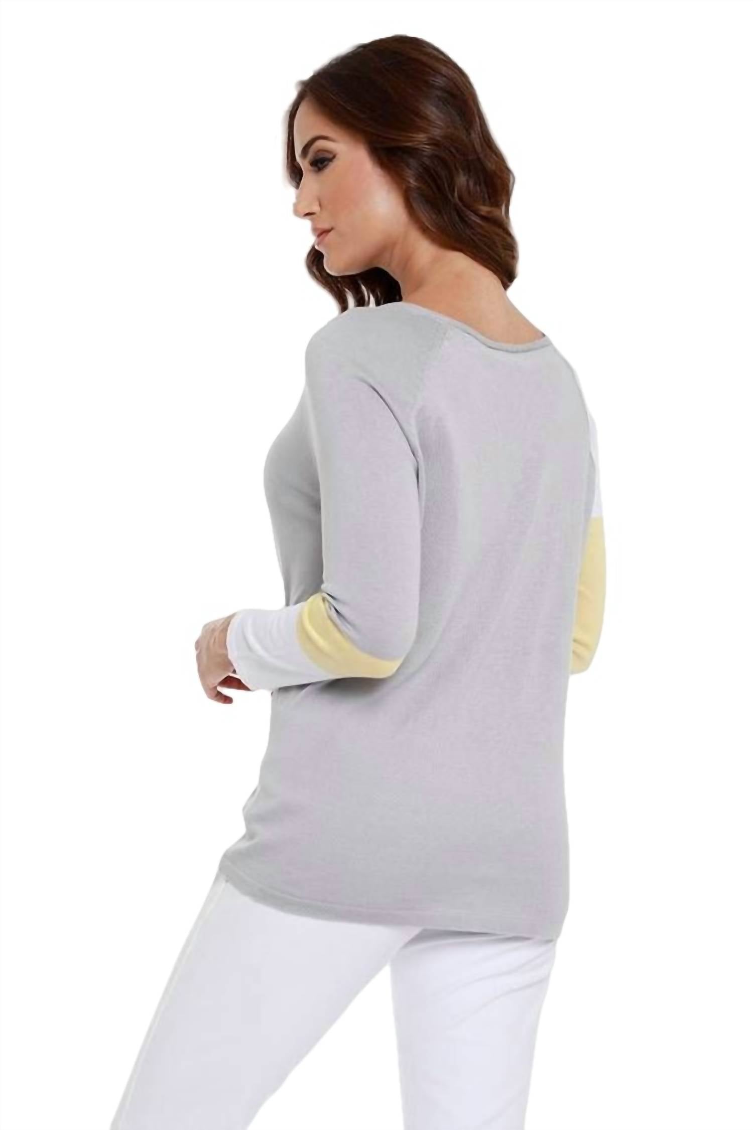 Love Me V Neck Top in Gray & Yellow - Stylish Women's Casual Blouse for Everyday Wear & Date Nights