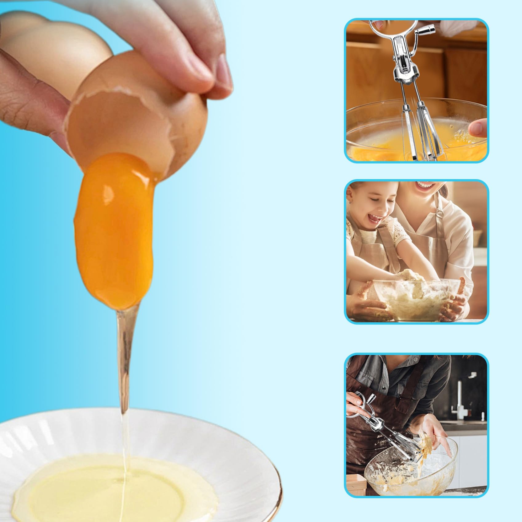 12 Inch Manual Hand Mixer - Stainless Steel Rotary Egg Beater with Double Heads, Labor-Saving Hand Crank for Baking, Whisking Eggs & Mixing Dough | Perfect for Home Kitchen, Camping & Small Batch Cooking