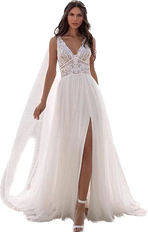 Elegant V-Neck Beach Wedding Dresses 2024 - Sleeveless Lace Boho Bridal Gowns for Women | Perfect for Destination Weddings, Beach Ceremonies & Romantic Photoshoots