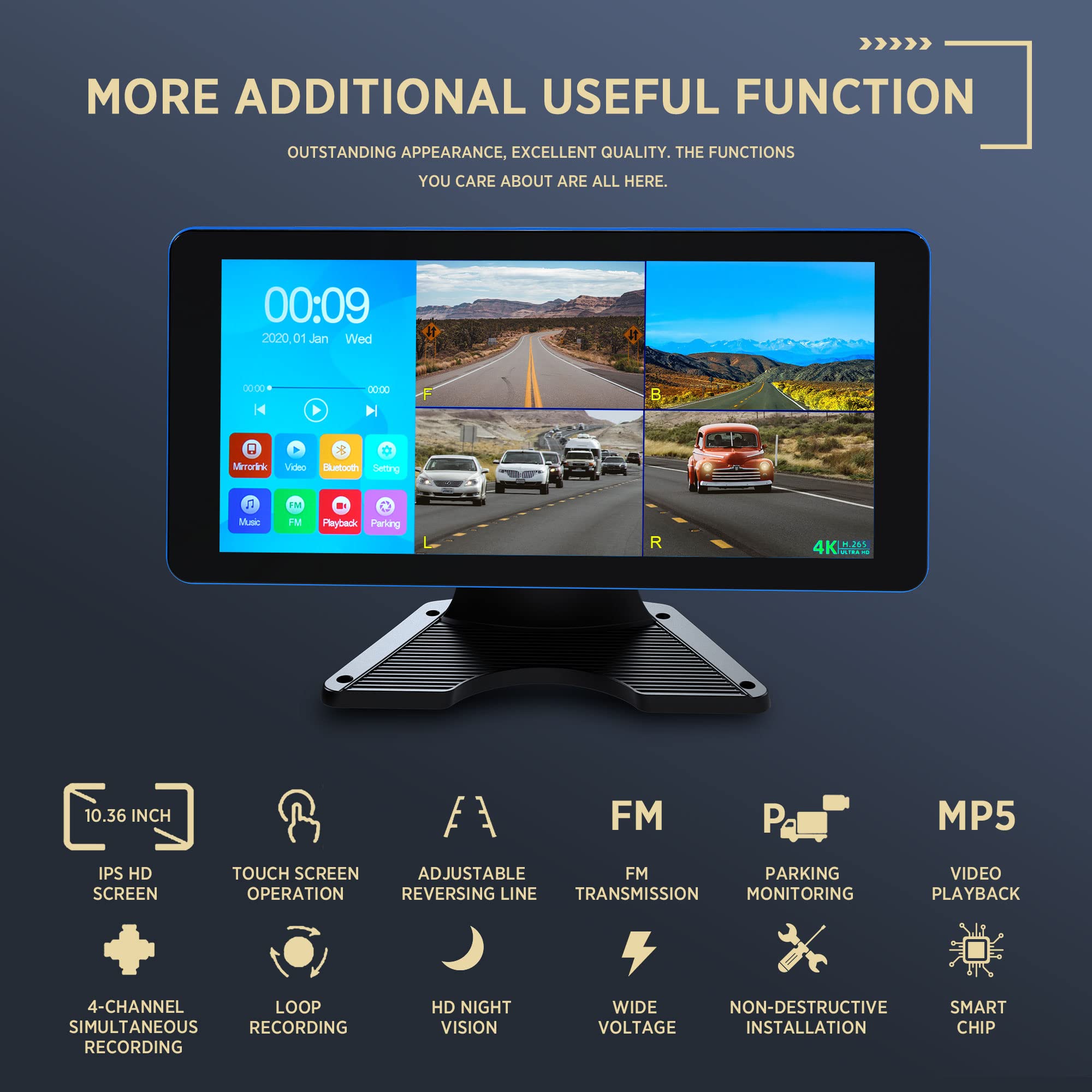 ASLONG 4K 4-Channel Dash Cam with 10.36