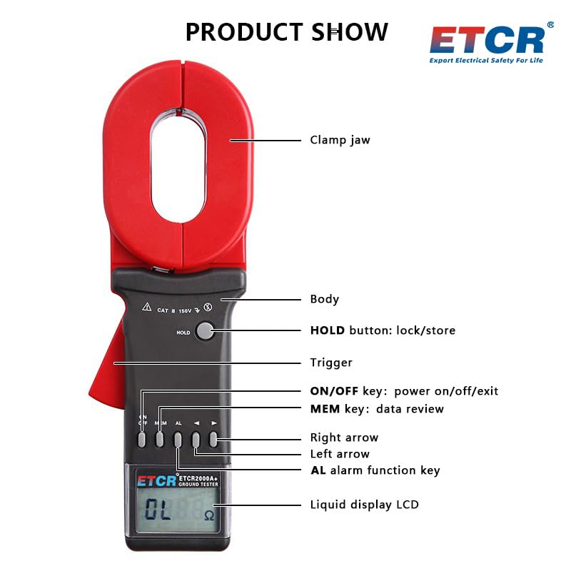 ETCR2000A+ Clamp Type Earth Resistance Tester - Non-Contact Surface Resistance Meter for Electrical Safety Testing (ETCR2000+/ETCR2000C+ Models Available) - Perfect for Industrial Maintenance, Grounding System Checks & Power Line Inspections