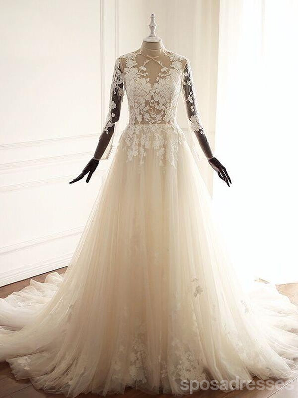 Elegant High Neck Sheer A-Line Lace Wedding Dress - Custom Bridal Gown WD298 | Perfect for Bridal Showers, Vow Renewals & Formal Events