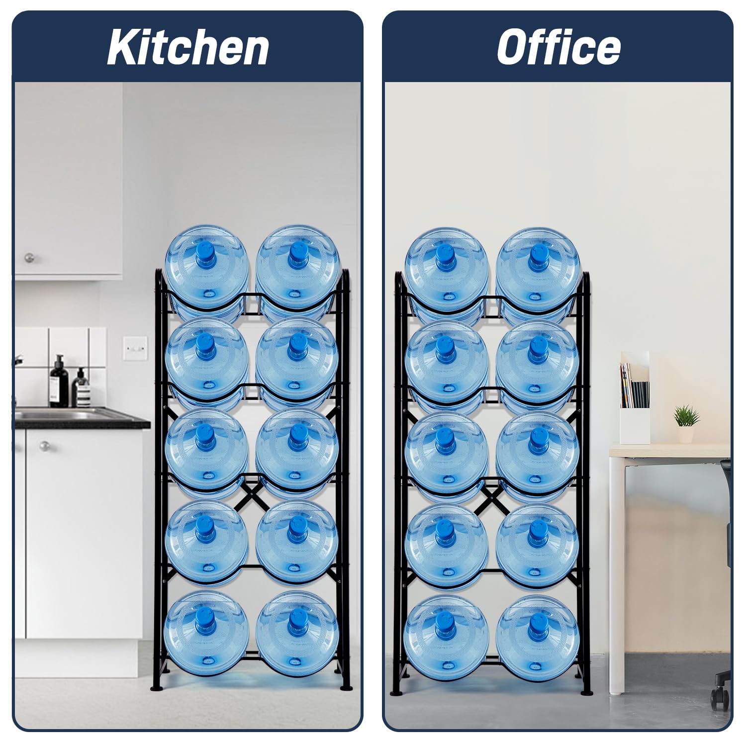 5-Tier Heavy Duty Water Bottle Rack - Reinforced Carbon Steel 5 Gallon Jug Holder for 10 Bottles - Space Saving Water Cooler Organizer for Office, Home, Garage, Restaurant & Gym - Perfect for Hydration Stations, Party Beverage Storage & Commercial Use (Black)
