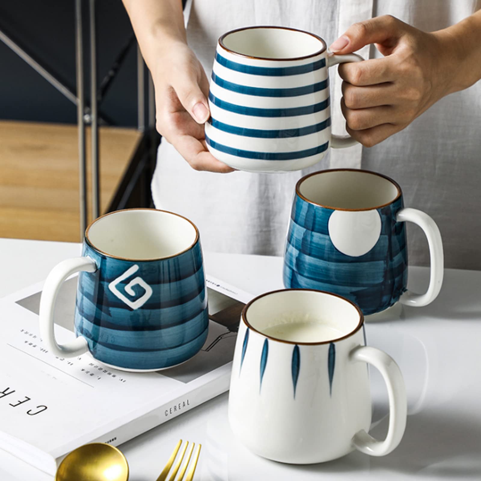 DEAYOU 4 Pack 17 Oz Porcelain Coffee Mugs - Ceramic Tea Cups with Handles for Coffee, Cappuccino, Milk & Hot Beverages - Perfect for Home, Office & Gifts