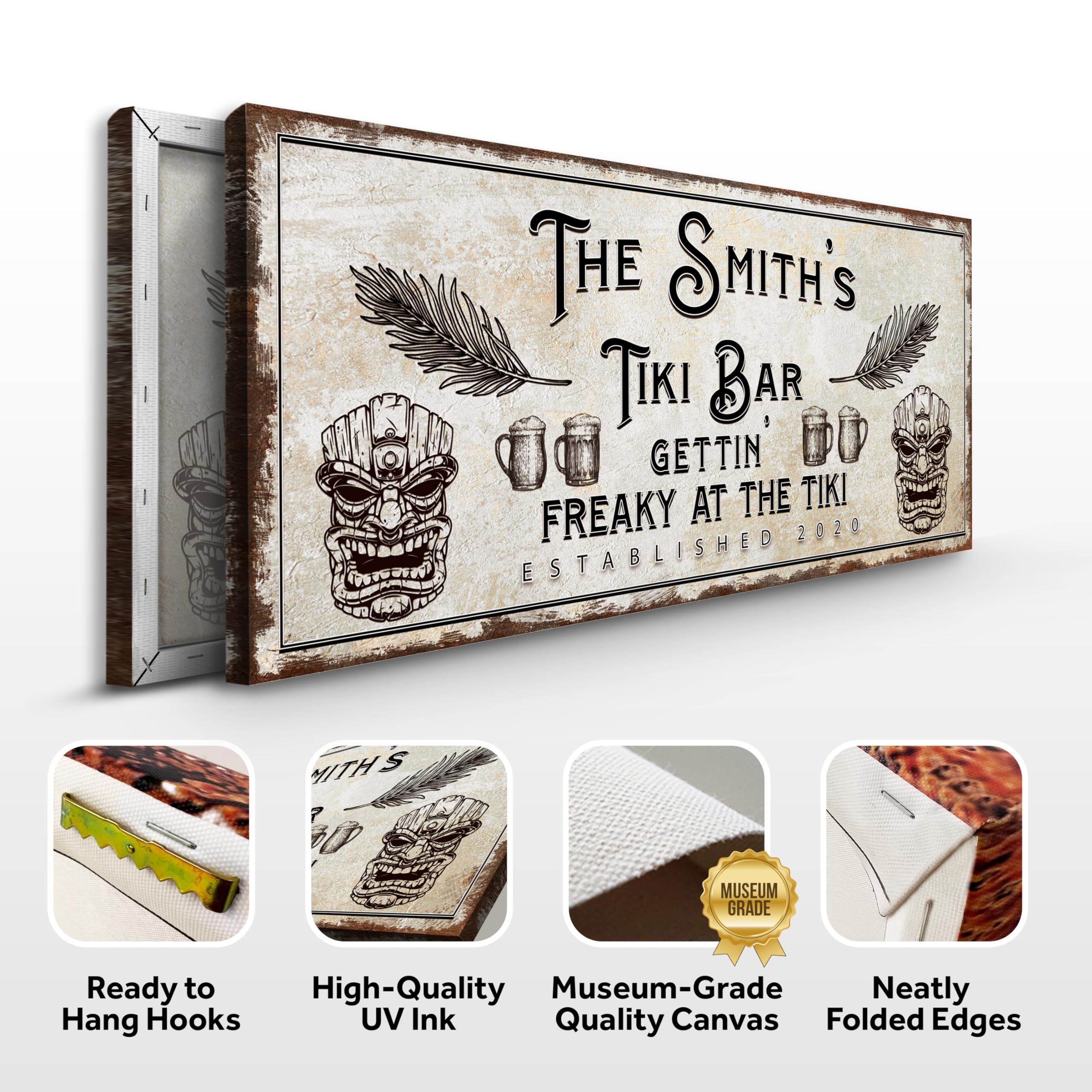 Custom Tiki Bar Sign - 60x30in Rustic Canvas Wall Art Decor for Man Cave, Outdoor, Hideout, Kitchen, Pub, Diner & Restaurant - Perfect for Tropical Themed Parties & Beach House Decor