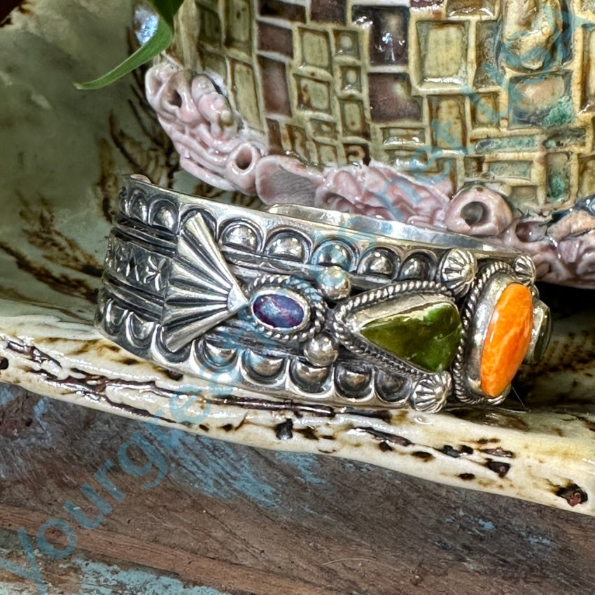 Authentic Navajo Delbert Gordon Sterling Silver Bracelet with Spiny Oyster Turquoise - Perfect for Boho Fashion, Western Style & Gift Giving