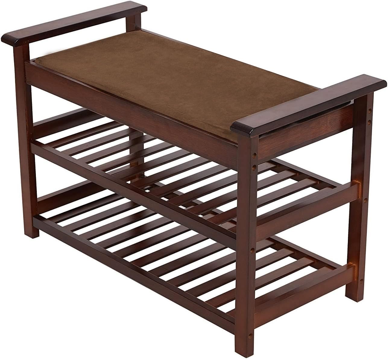 2-Tier Bamboo Shoe Rack Bench with Cushion - Sturdy Entryway Storage Organizer for Shoes | Hallway, Bathroom & Living Room Seating Solution | Space-Saving Shoe Stool for Small Spaces (Brown)