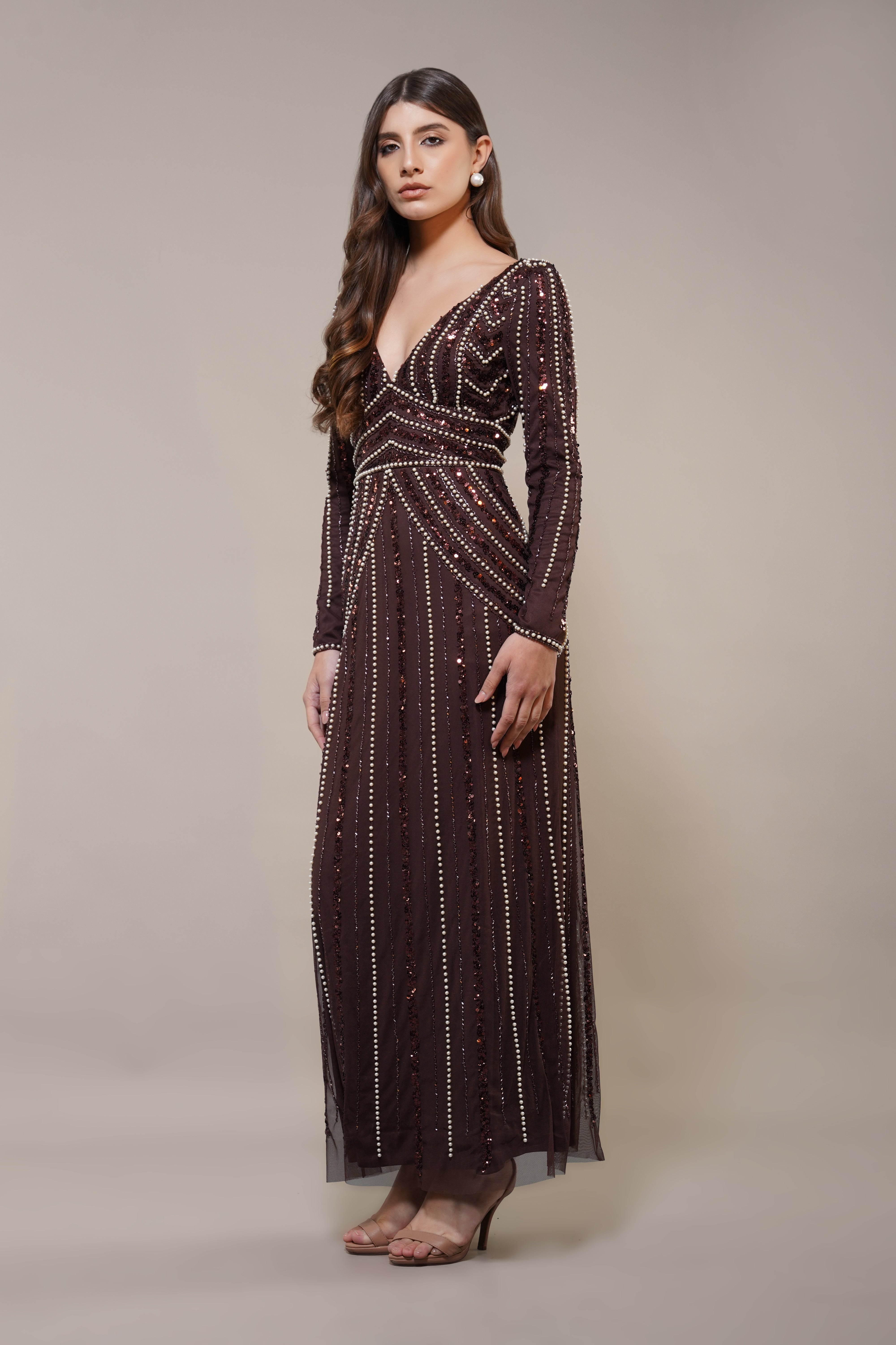 Cordelia Embellished Maxi Dress in Coffee Brown | Elegant Boho Evening Gown for Women | Perfect for Weddings, Parties & Special Occasions