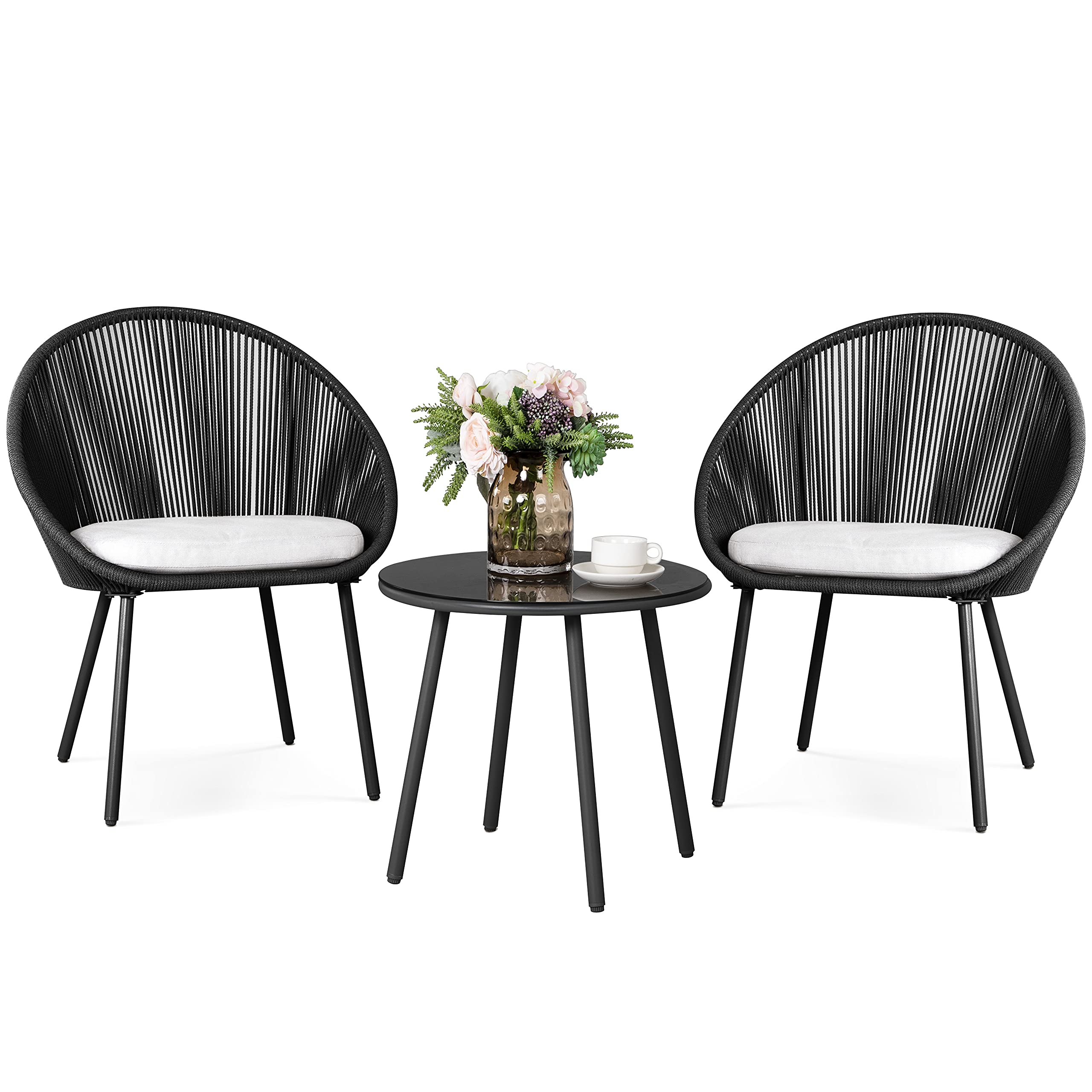 Nuu Garden 3-Piece All-Weather Woven Rope Patio Furniture Set with Cushions - Outdoor Bistro Table and Chairs for Balcony, Garden, Deck, Backyard - Dark Gray - Perfect for Relaxing, Entertaining & Outdoor Dining