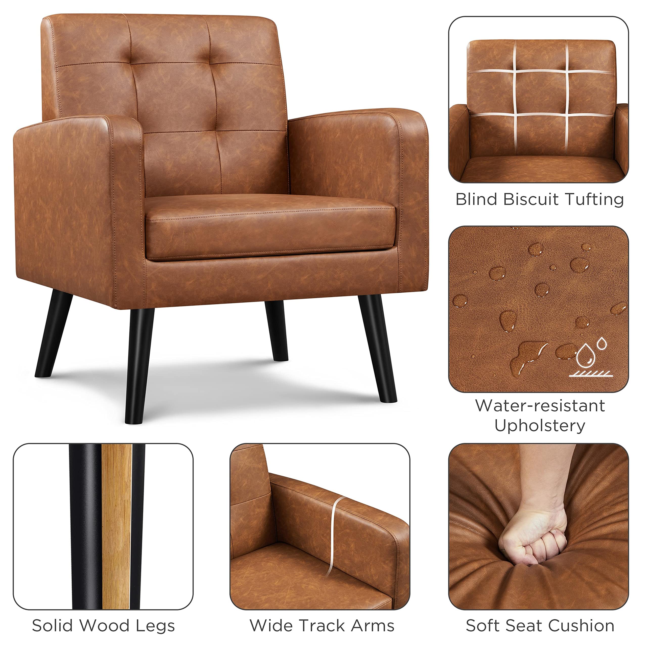 Yaheetech Mid-Century Modern Accent Chairs Set of 2 - PU Leather Upholstered Living Room Armchairs with Button Tufted Back & Wooden Legs, Retro Brown - Perfect for Bedroom, Office, Cafe & Lounge Areas