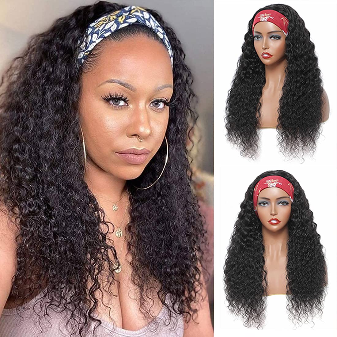 26 Inch Deep Wave Headband Wig - 150% Density Brazilian Virgin Human Hair for Black Women | Glueless No Lace Front | Machine Made Natural Black Curly Wig for Daily Wear, Parties & Special Occasions