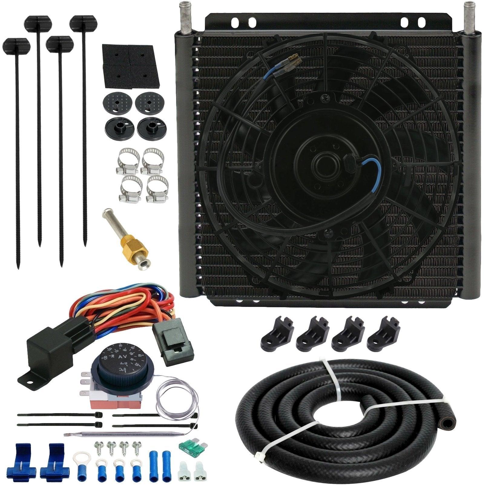 26 Row 6AN Transmission Oil Cooler with Electric Fan & Adjustable Thermostat Kit - High Performance Cooling for Racing, Towing & Off-Road Vehicles