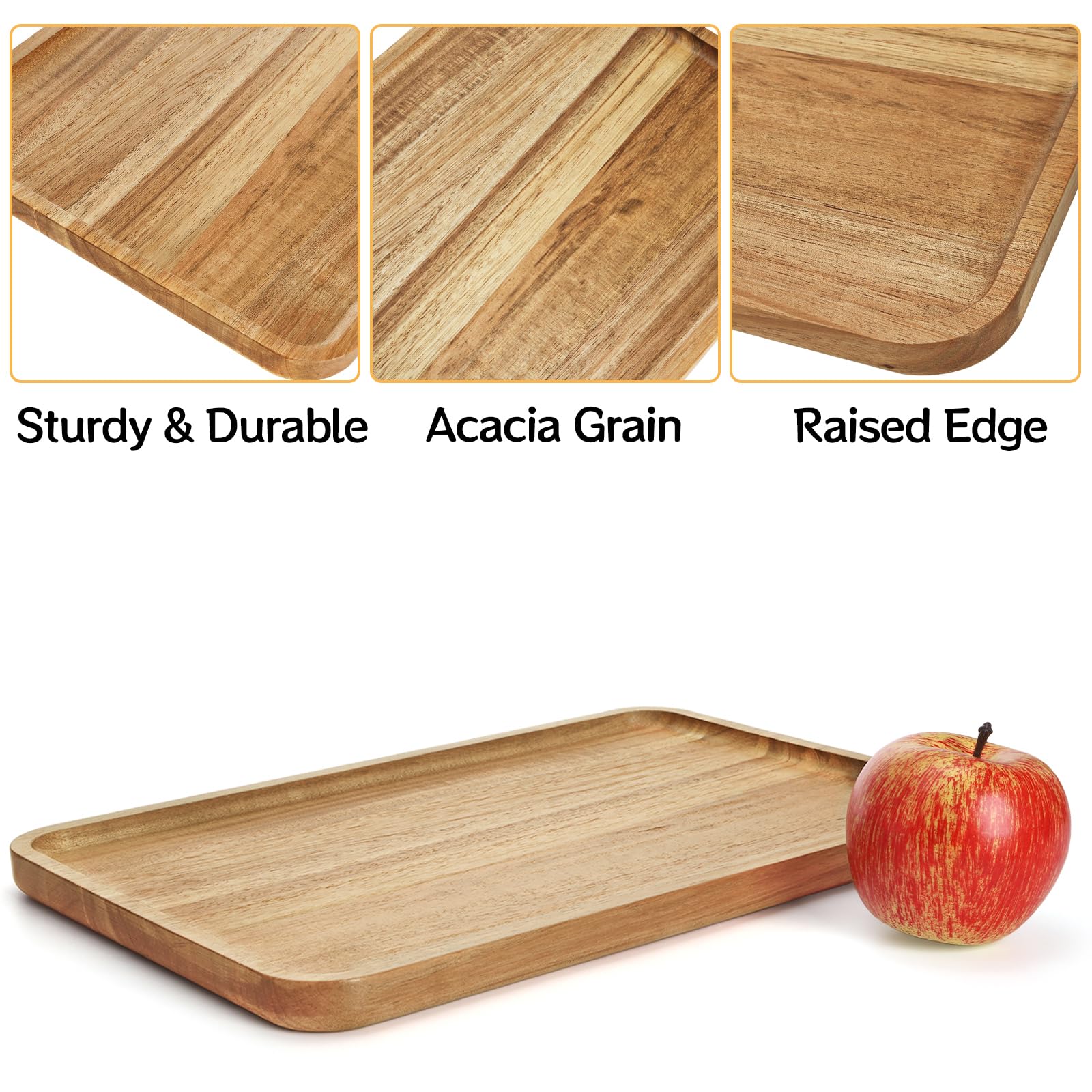 YOUEON Set of 2 Acacia Wood Serving Trays with Raised Edge - 14.2 x 9.5 Inch Rectangular Wooden Plates for Appetizers, Cheese, Sandwiches, Desserts, Coffee, Fruits & Cookies - Perfect for Entertaining, Kitchen Serving, Party Snacks & Coffee Table Decor