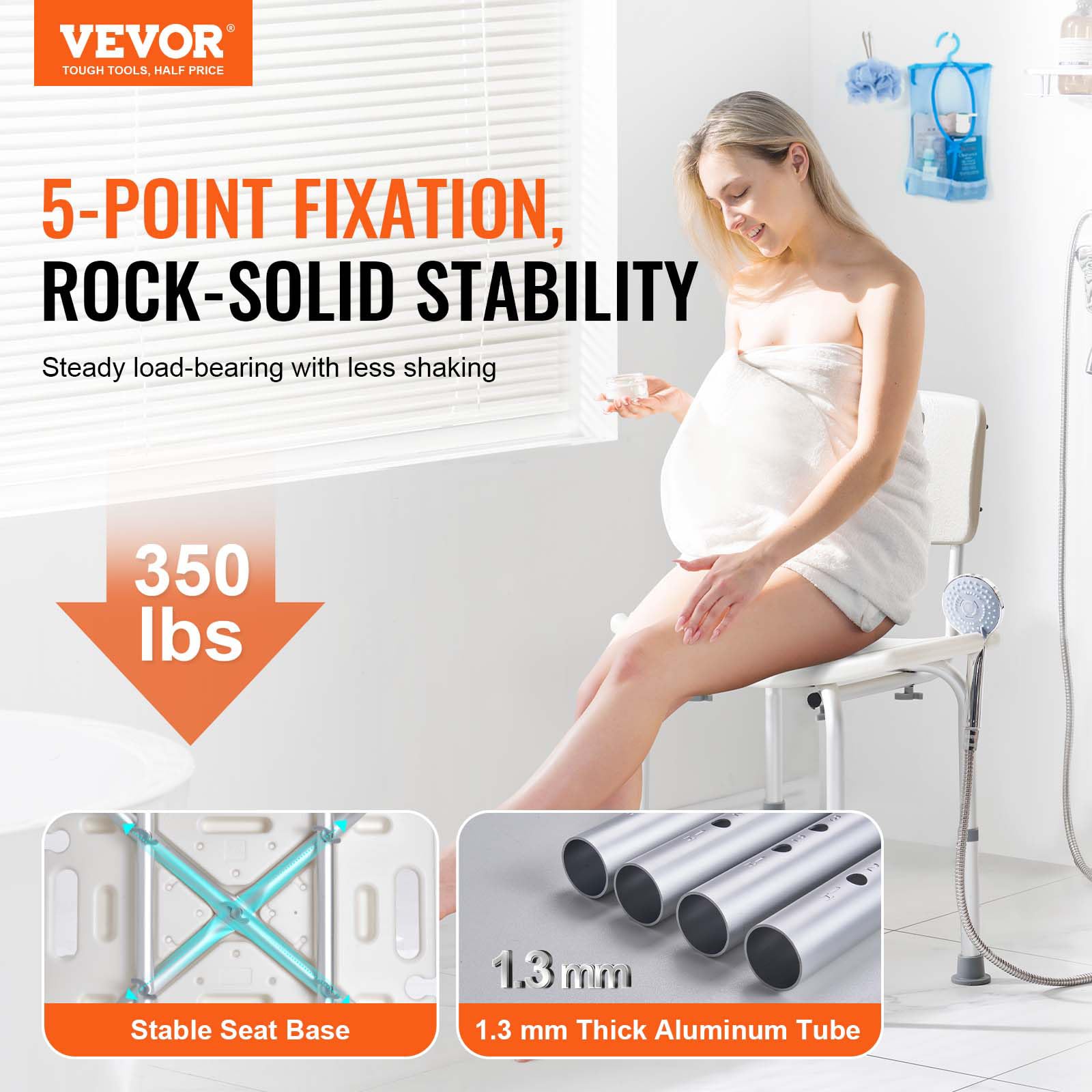 VEVOR Adjustable Height Shower Chair with Back - Non-Slip Bath Seat for Elderly & Disabled - 350 lbs Capacity Silver Shower Stool - Perfect for Bathroom Safety & Assisted Living