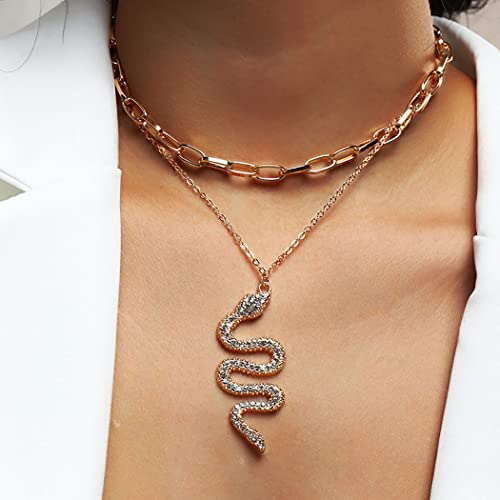 Jeairts Snake Layered Necklace - Gold Paperclip Link Choker with Sparkly Rhinestone Pendant | Trendy Chain Jewelry for Women & Girls | Perfect for Parties, Date Nights & Everyday Wear