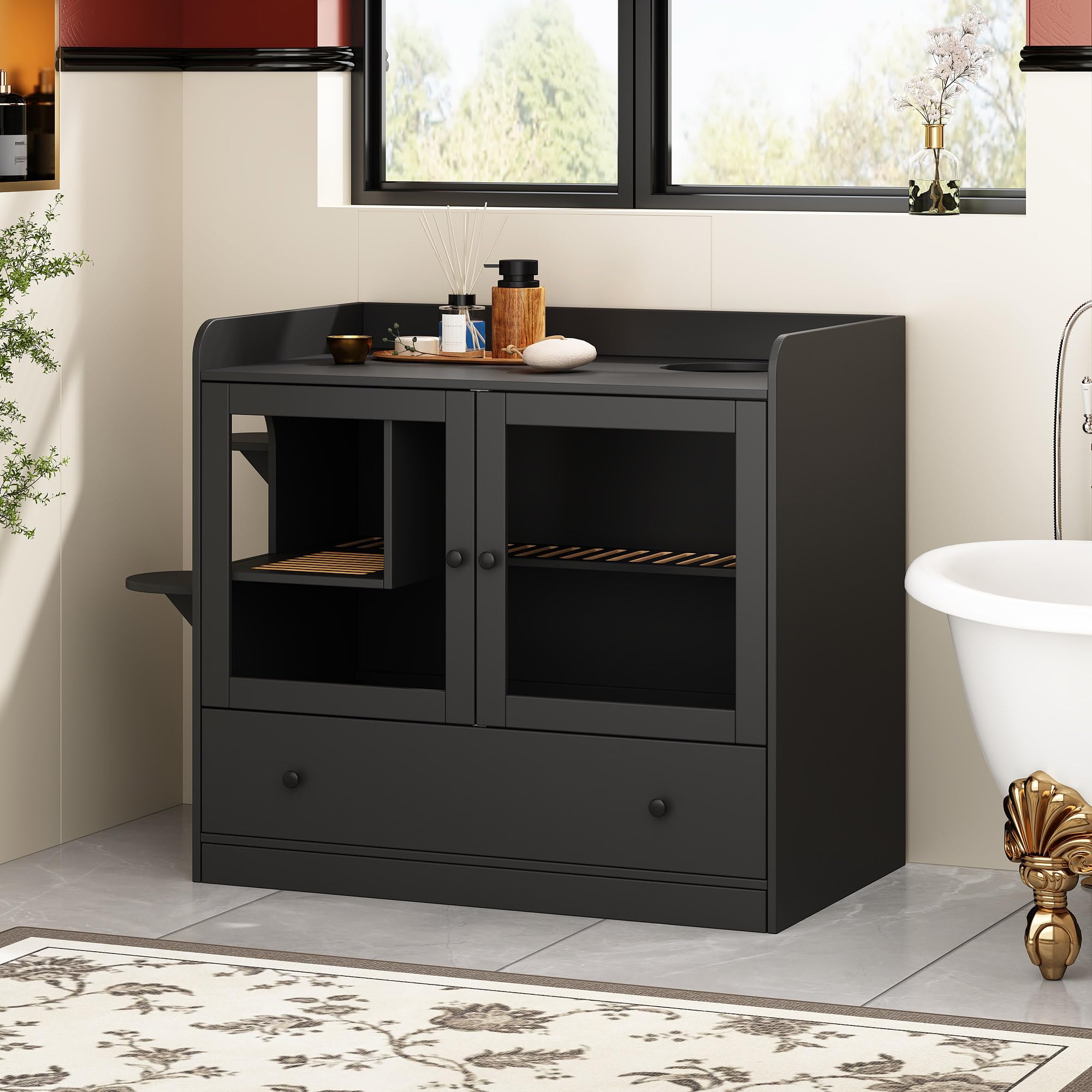 Extra Large Cat Litter Box Enclosure Furniture - Hidden Cat Condo Pet House with Stairs for 2 Cats, Cat Cabinet Nightstand Side Table with Large Drawer - Perfect for Living Room, Bedroom or Office - Black