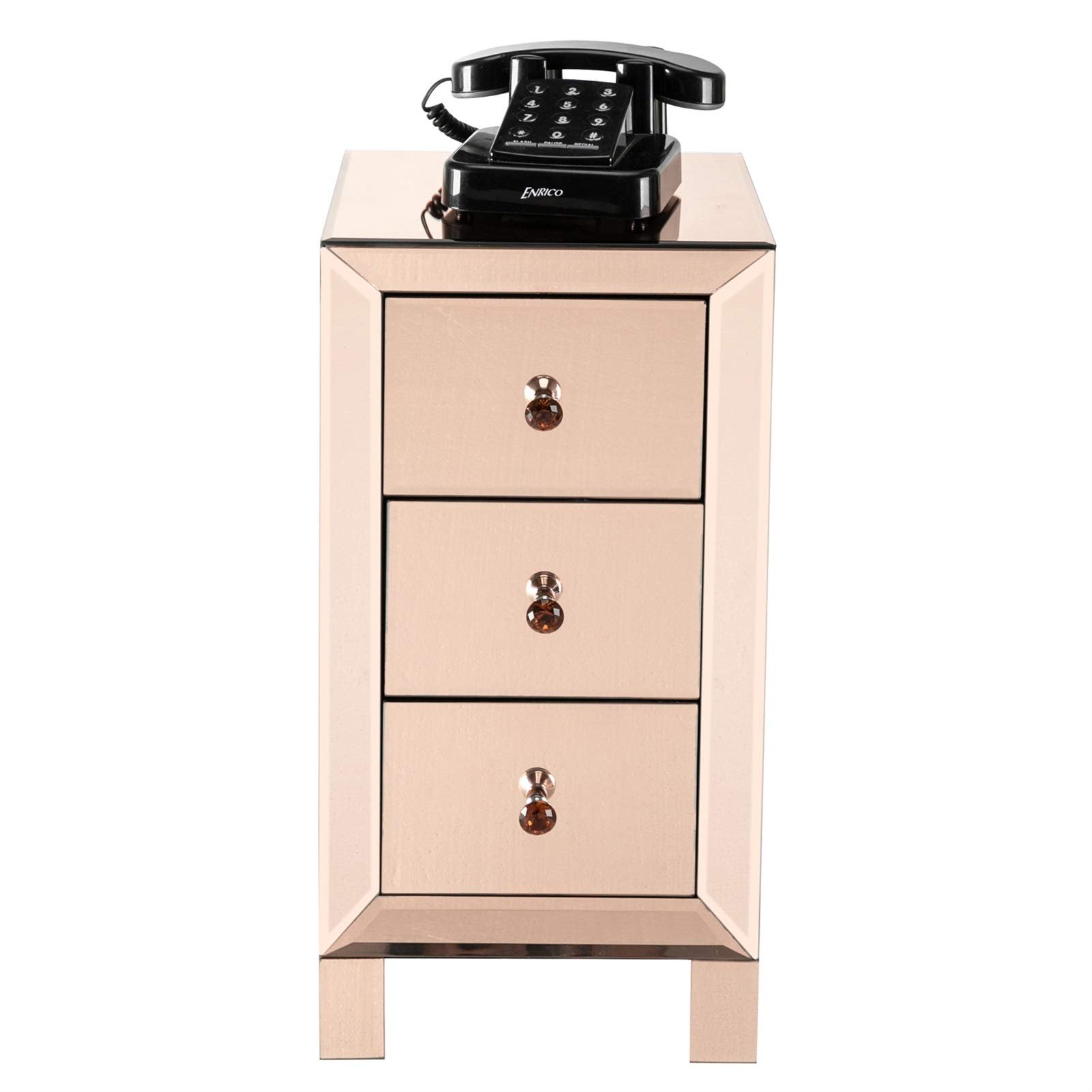 Modern Black Nightstand with 3 Drawers & Mirror - Contemporary Bedside Table in Rose | Perfect for Bedroom, Living Room & Guest Room Decor