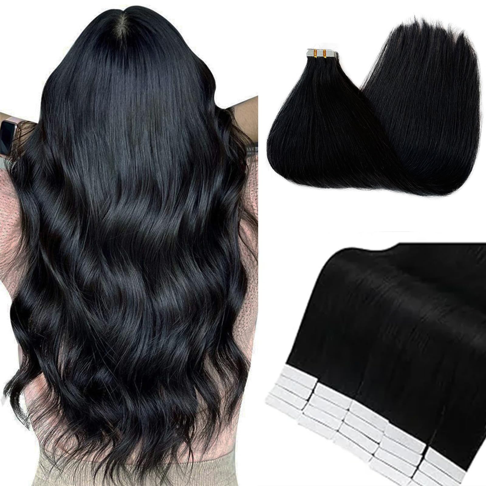 Munx Black Tape in Hair Extensions 14 Inch 20pcs - 30g/Pack Straight Seamless Skin Weft Tape for Human Hair Extensions | Perfect for Volume, Length & Styling | Salon Quality Hair Extensions for Daily Wear & Special Occasions