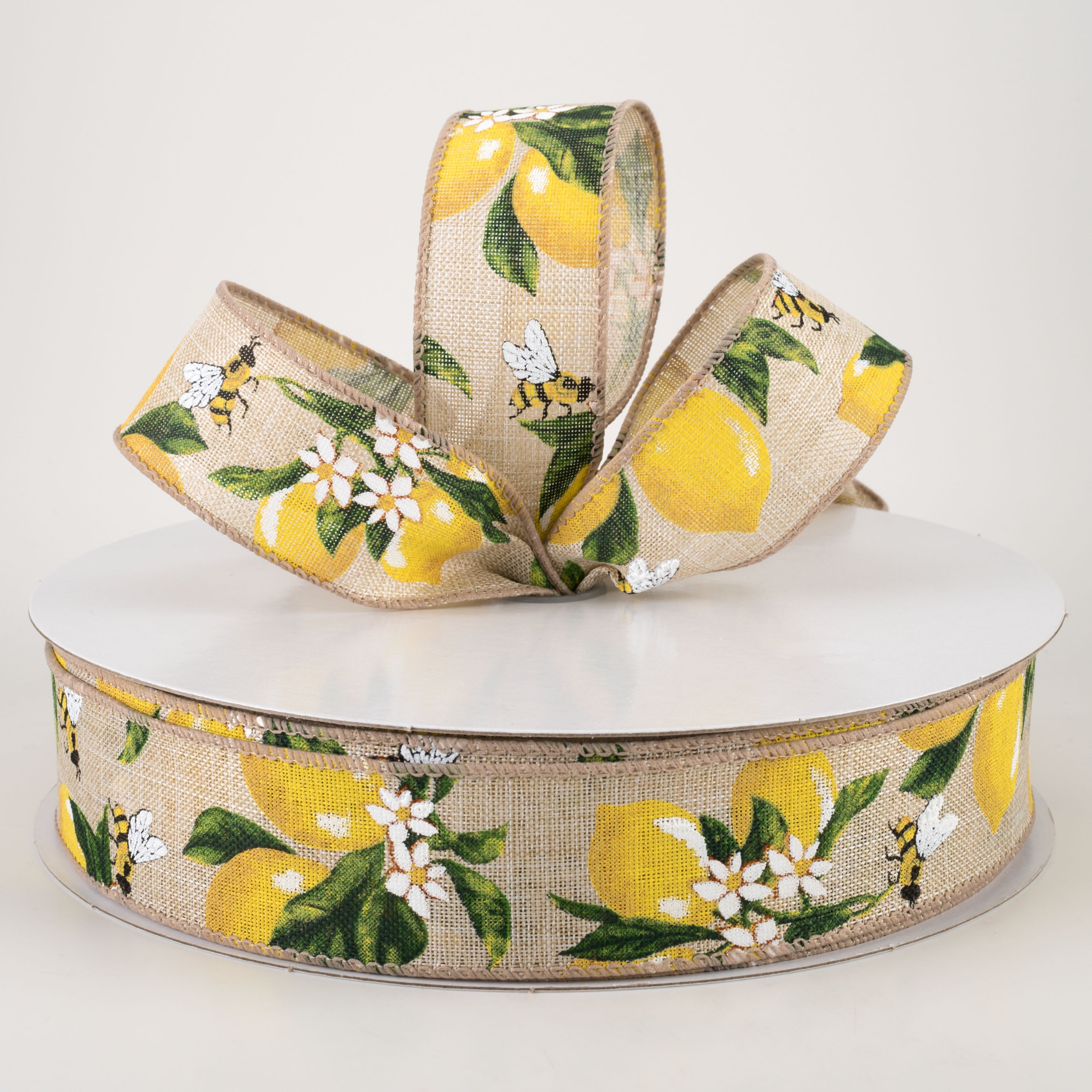 1.5 Inch Linen Lemons & Bees Ribbon - Natural Cotton Craft Ribbon (50 Yards) for Gift Wrapping, DIY Crafts, and Home Decor