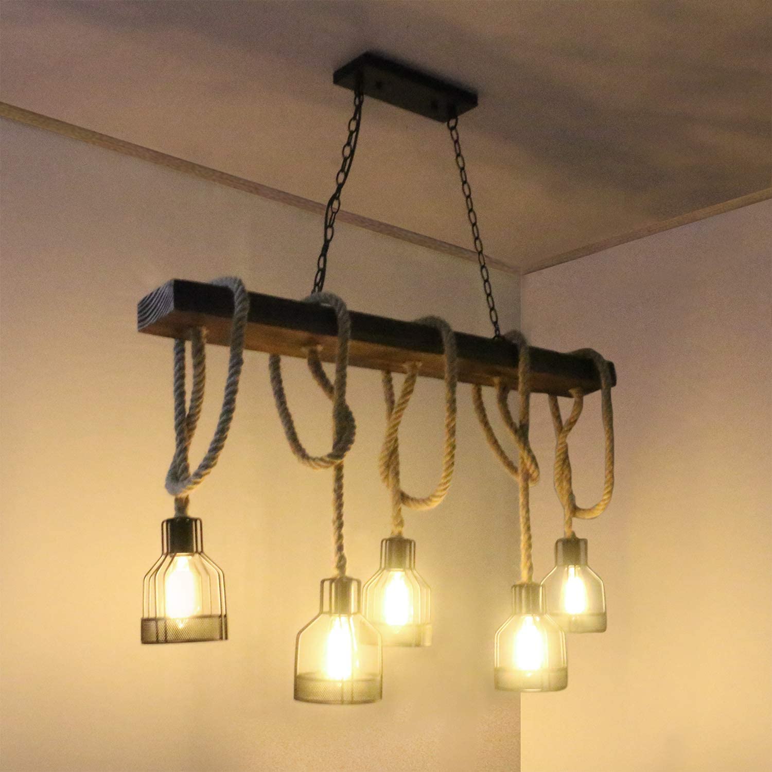 Farmhouse Pendant Lights for Kitchen Island - Rustic Dining Room Ceiling Fixture with 5 E26 Bulb Sockets - Black Metal & Wood Beam Chandelier - Perfect for Farmhouse, Industrial & Modern Kitchens