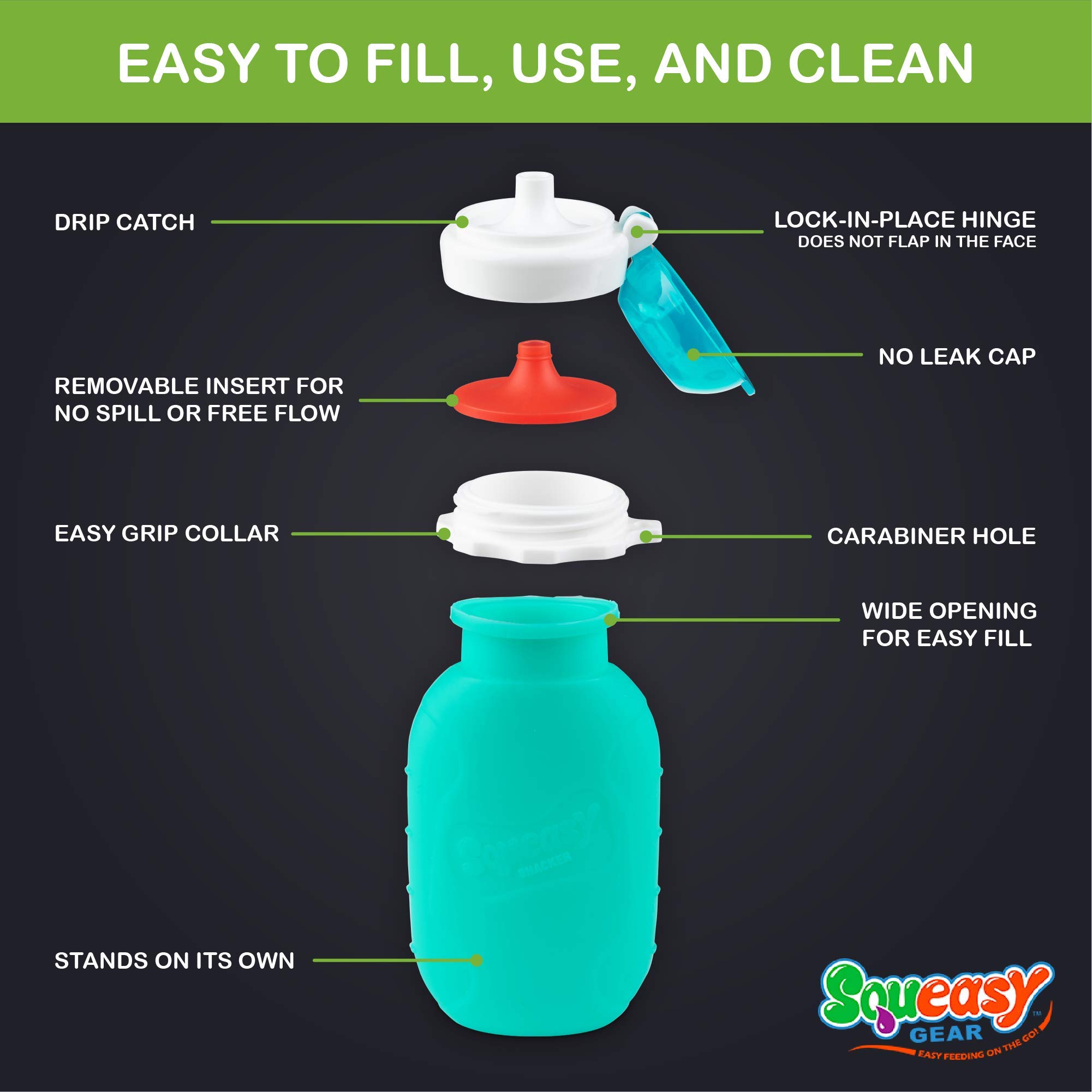 Aqua 6 oz Squeasy Snacker Spill-Proof Silicone Reusable Food Pouch for Soft Foods & Liquids - Perfect for Water, Apple Sauce, Yogurt, Smoothies & Baby Food - Dishwasher Safe - Ideal for On-the-Go Snacking, Travel & Baby Feeding