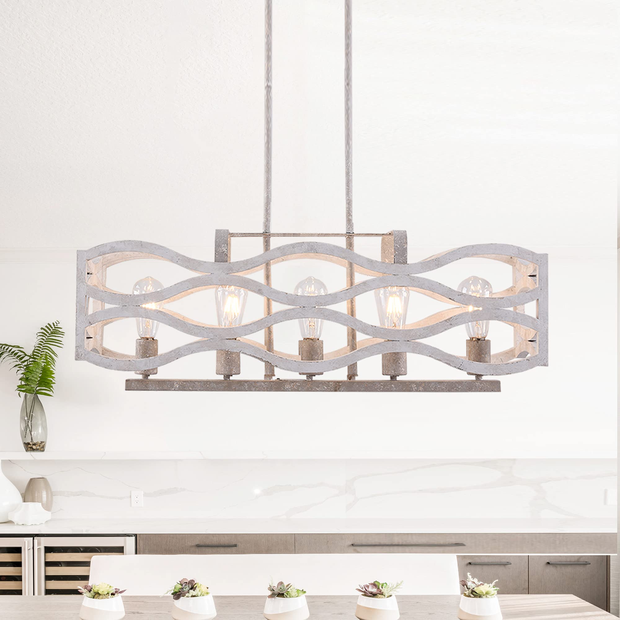 Vintage Farmhouse Chandelier - 5-Light Wooden Rectangular Kitchen Island Lighting with Adjustable Chain - Distressed White Finish - Perfect for Dining Room, Restaurant, Bar & Home Decor